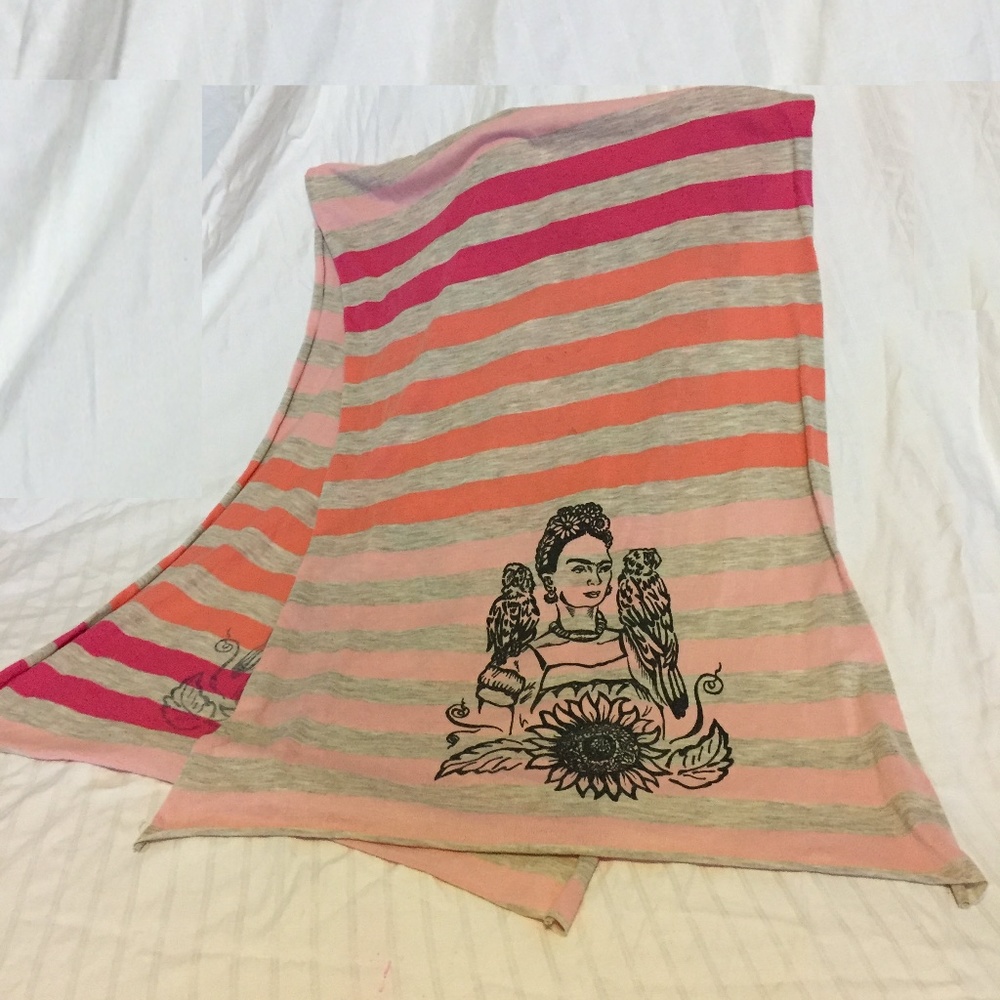 Frida Kahlo Grey Pink and Orange Striped Scarf